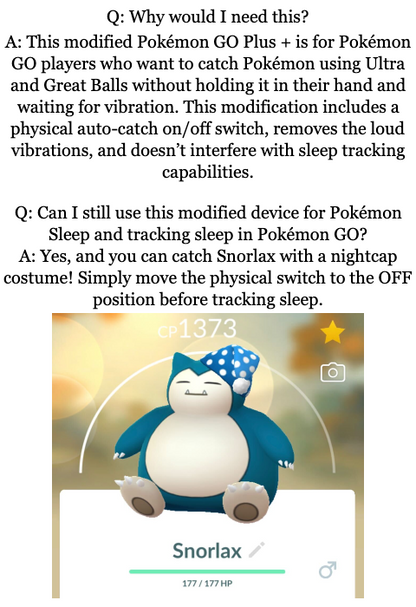 Modified Pokemon GO Plus Plus catches Pokemon using Ultra and Great Balls. Removes loud vibrations on Pokemon GO Plus Plus.